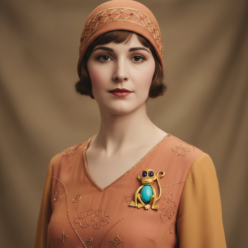 Jelly belly golden monkey brooch with blue stone belly and purple eyes,  pinned on a woman's dress