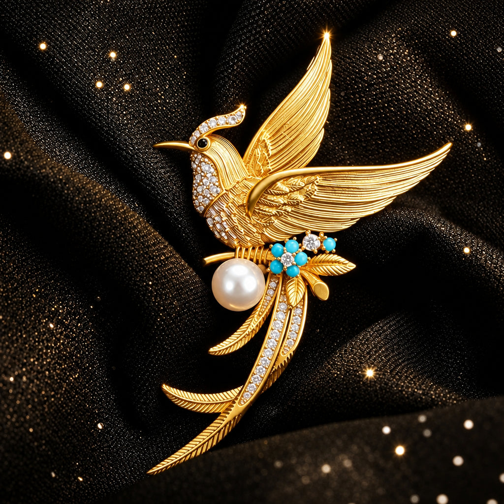 Jeweled phoenix bird brooch with gold-tone wings, clear rhinestones, blue floral details, and faux pearl, on a brown glittery  surface.