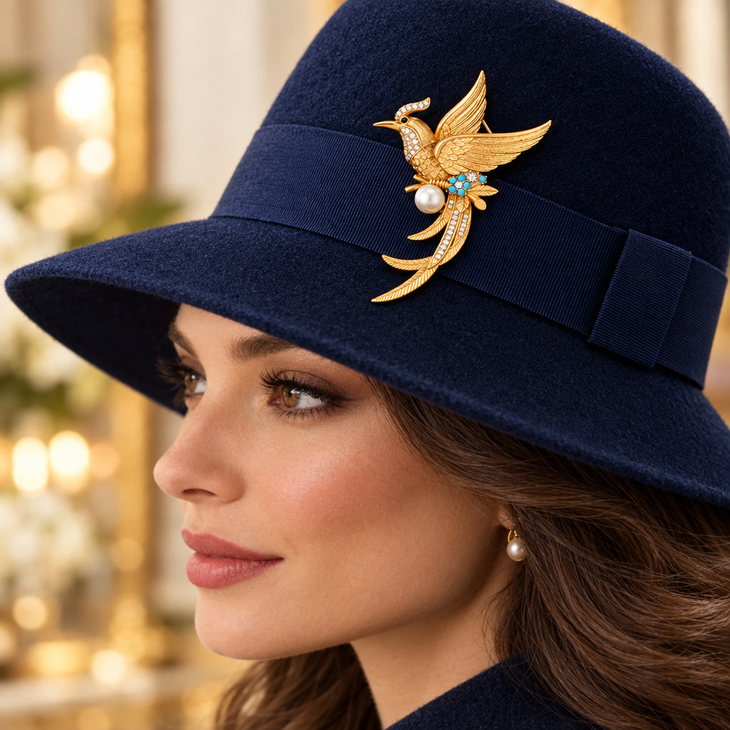 Jeweled phoenix bird brooch with gold-tone wings, clear rhinestones, blue floral details, and faux pearl, pinned on a woman's blue felt hat.