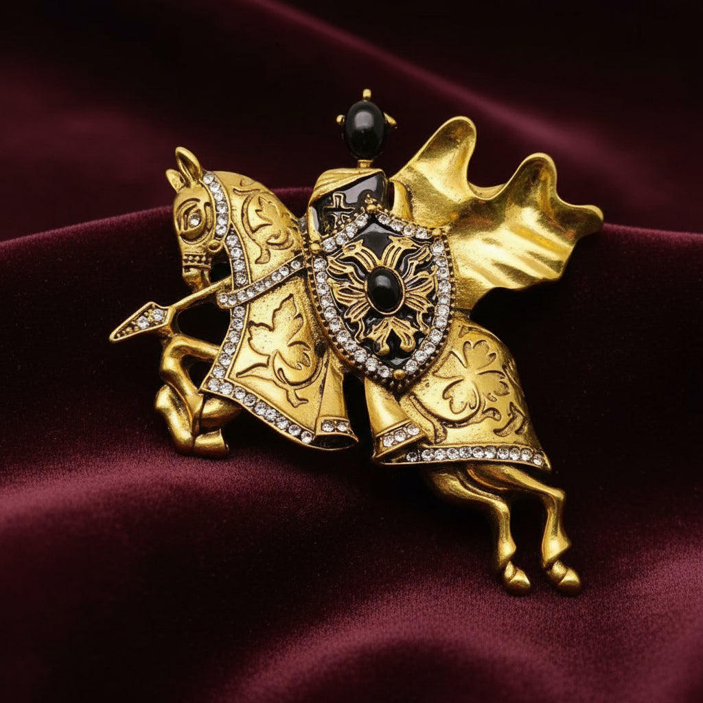Jousting knight on horse brooch with carved golden metal accents and rhinestone detailing