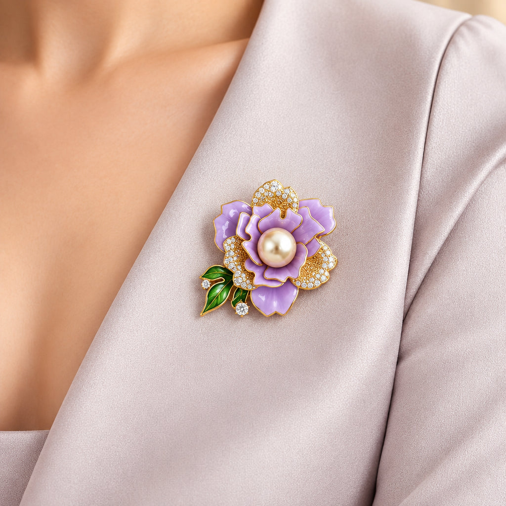 Purple flower-shaped brooch with a pearl center and rhinestone leaves, pinned on a woman's white dress.
