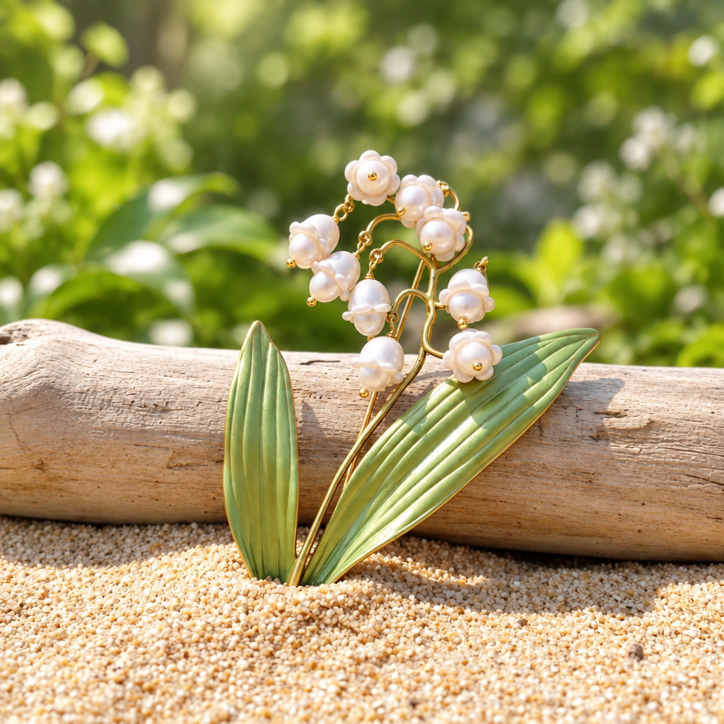A lily of the valley floral brooch with white bell-shaped blossoms and green leaves, placed against a piece of driftwood in a blurred garden background.