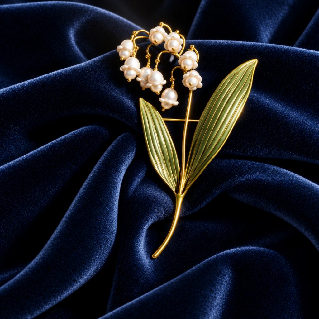 A lily of the valley floral brooch with white bell-shaped blossoms and green leaves, against a blue velvet background.