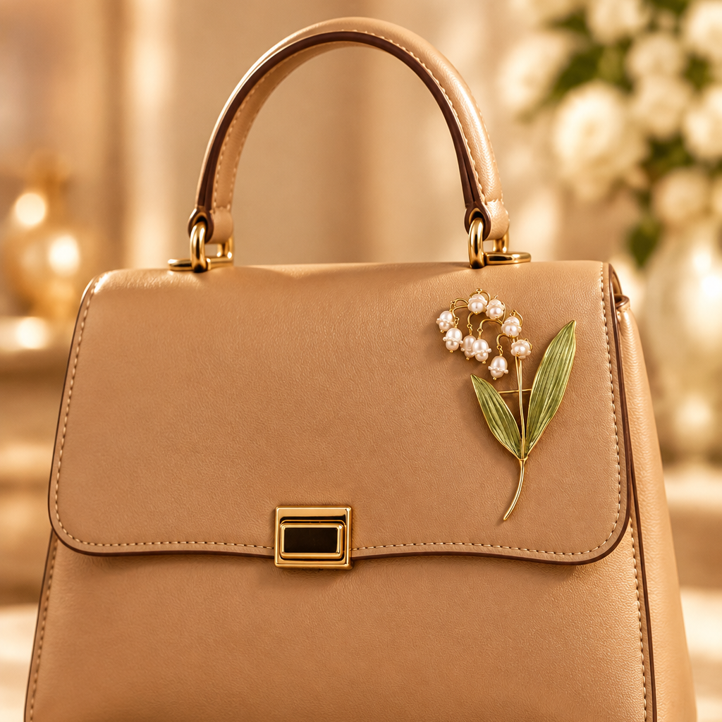 A lily of the valley floral brooch with white bell-shaped blossoms and green leaves, pinned on a beige color handbag with a blurred background.