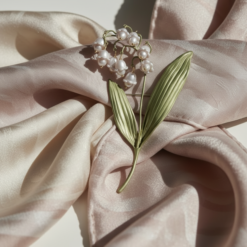 Lily of the valley plant brooch pinned on a white silk scarf