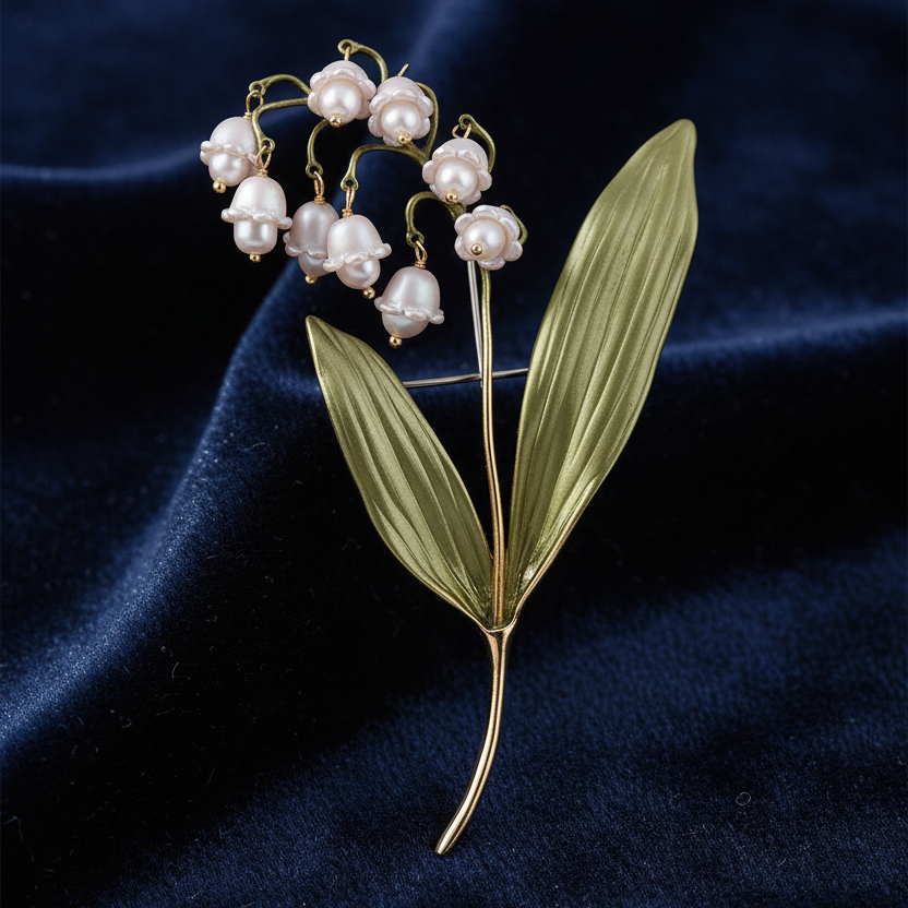 Lily of the valley plant brooch against a blue velvet background