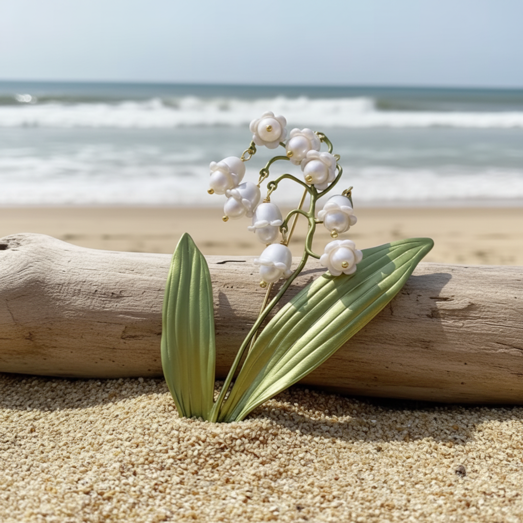 Lily of the valley plant brooch displayed on a beach background 