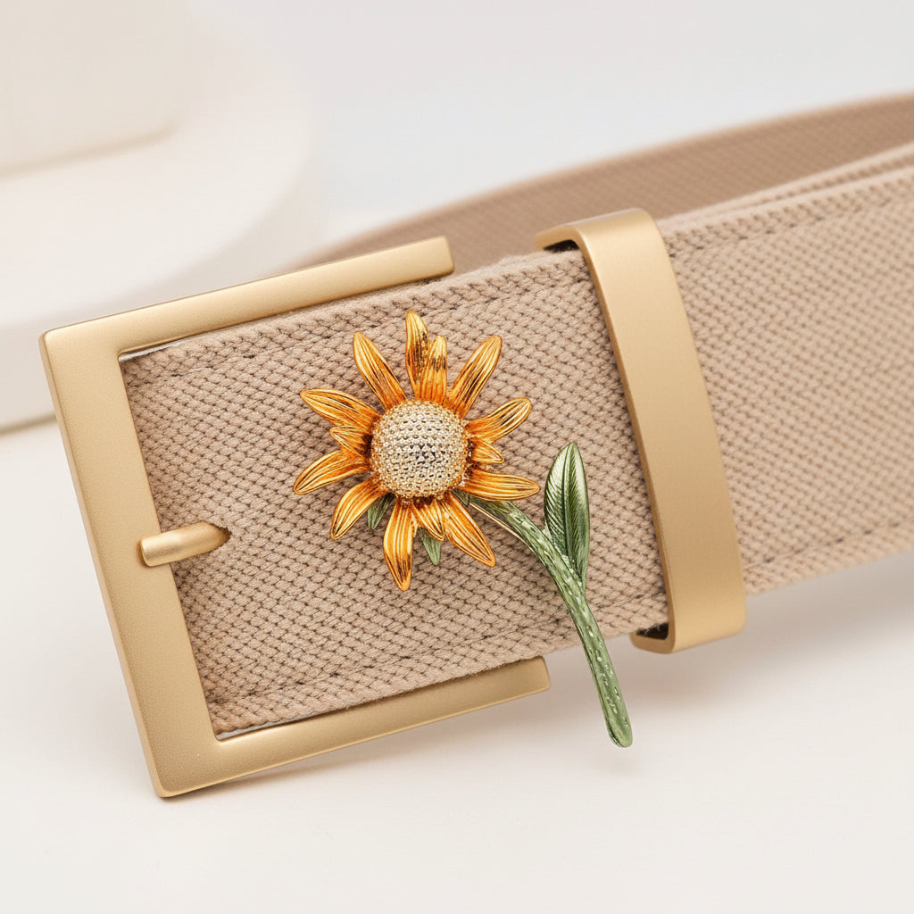 Gold sunflower-shaped brooch pinned on a natural linen belt