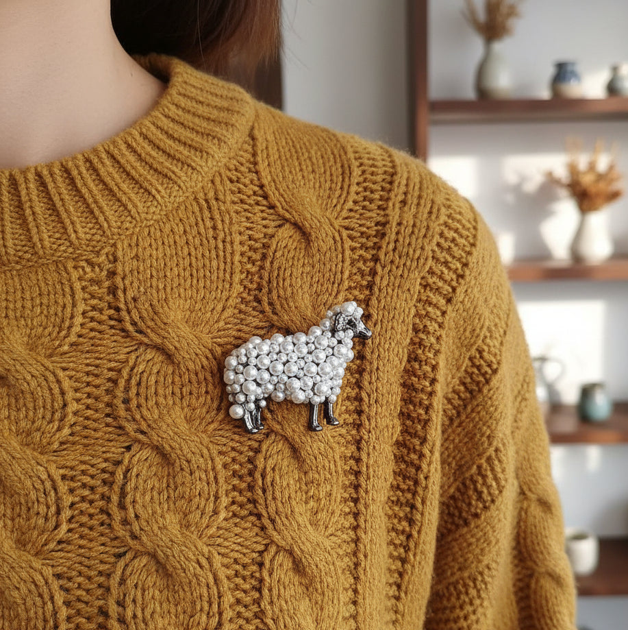 Sheep-shaped brooch made of pearls pinned on a yellow sweater