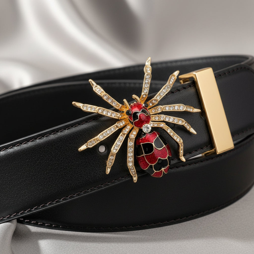 Spider-shaped brooch with gold, red, and black details pinned on a black belt