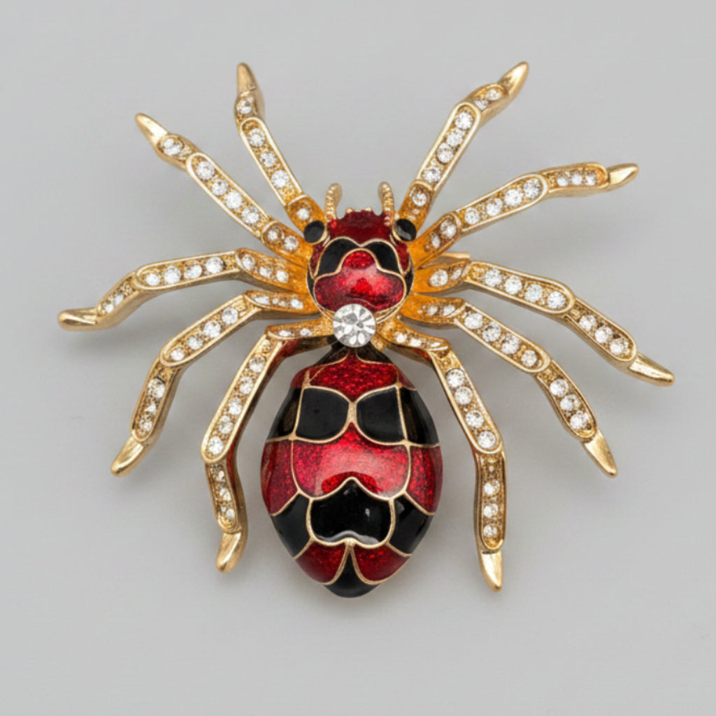 Spider-shaped brooch with gold, red, and black details on a gray background