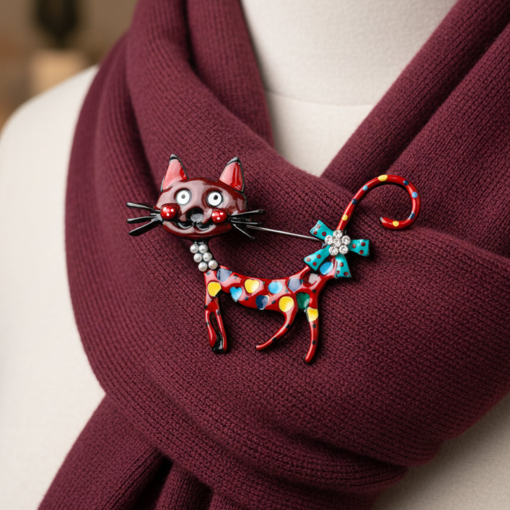 Colorful cat-shaped brooch pinned on a red scarf