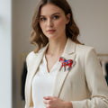 Red horse-shaped brooch with blue saddle, pinned on a woman's white suite