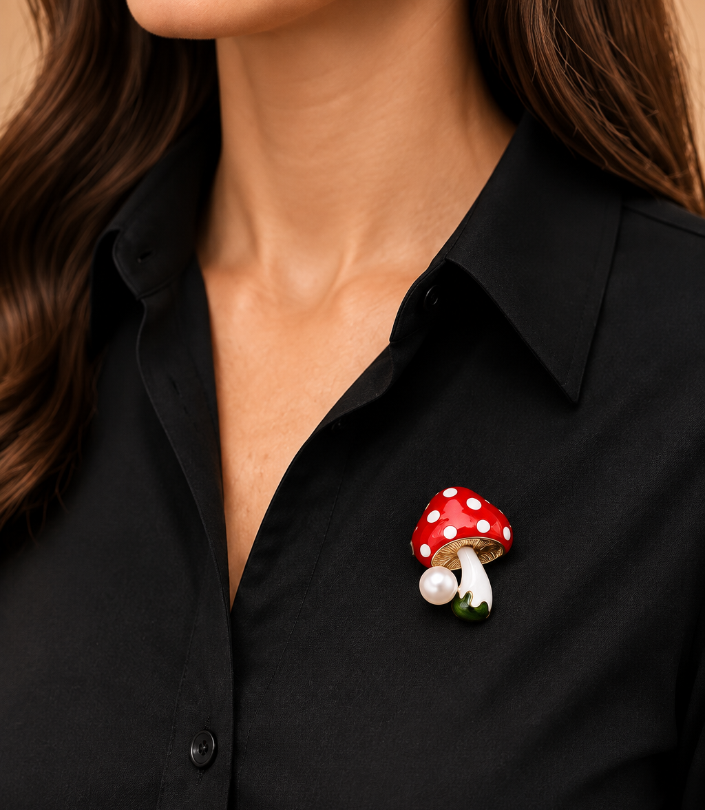 Woman wearing a red enamel mushroom brooch with white spots and a pearl accent, pinned to a black blouse.