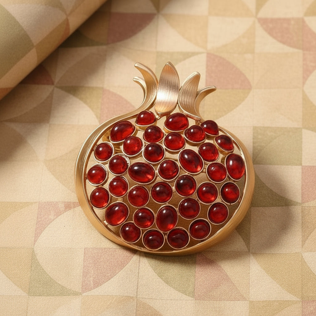 A gold-toned brooch shaped like a pomegranate, with a round cluster of red gemstones, displayed on beige background