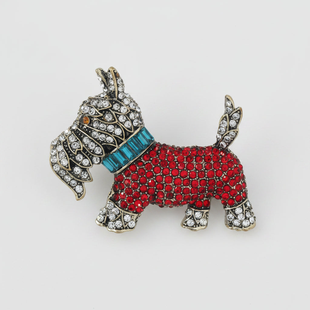 Dog-shaped brooch with red body, blue collar, and silver accents on a white background