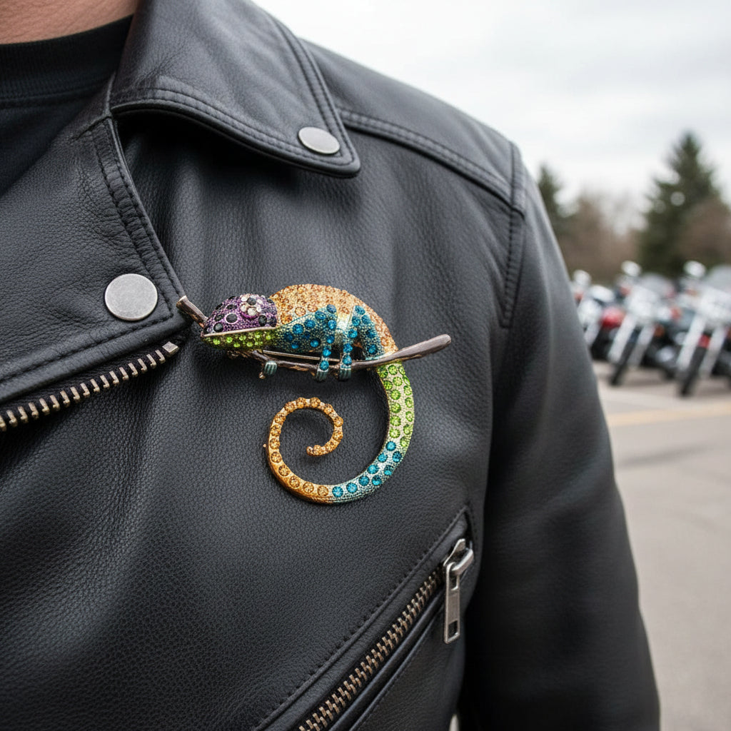 Colorful chameleon brooch pin featuring sparkling rhinestones and curved tail design