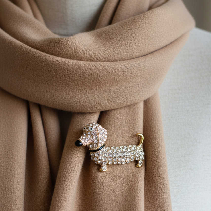 Rhinestone-detailed dog brooch pinned on a beige scarf