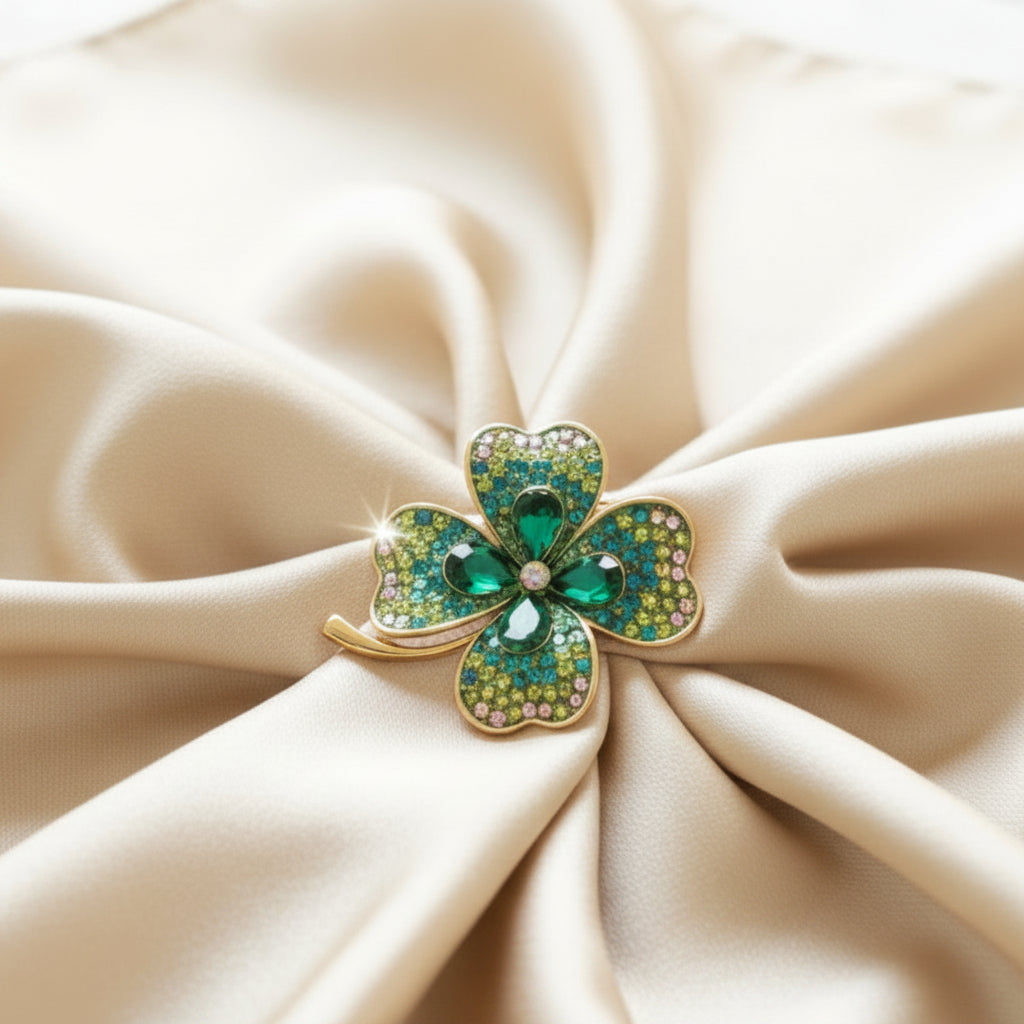 Four-leaf clover brooch with green gemstones on a ivory silk scarf 
