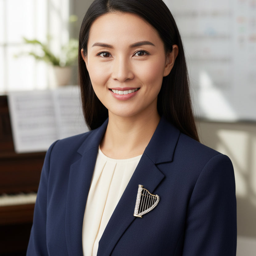 Harp-shaped brooch with rhinestone detailing, pinned on a woman's navy suite