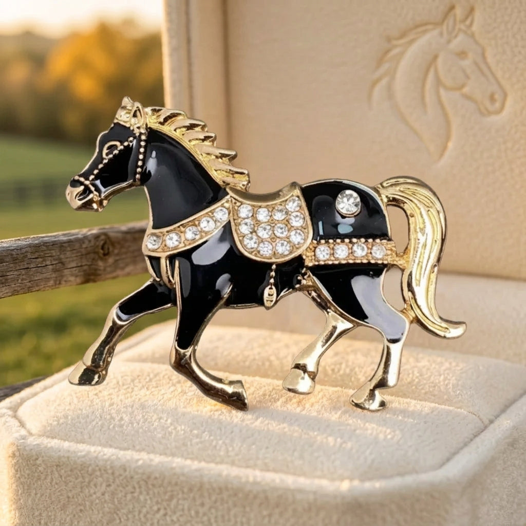Black and gold horse brooch with rhinestone accents, showcased in an open ivory jewelry box.
