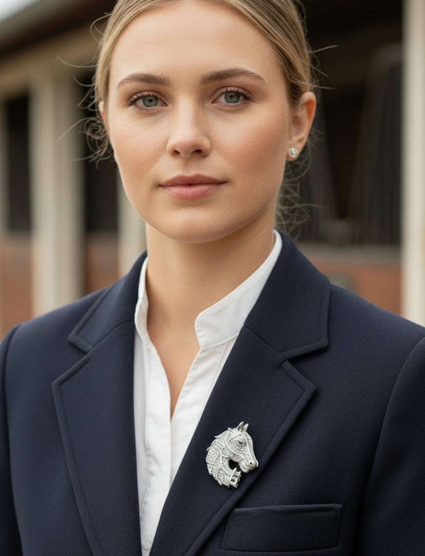 Silver horse head brooch with gemstones pinned on a blue jacket