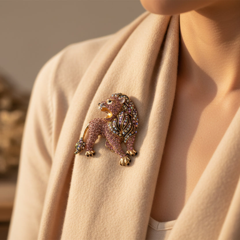 Dimensional lion shaped brooch finished with sparkling pave' set rhinestones and golden accents