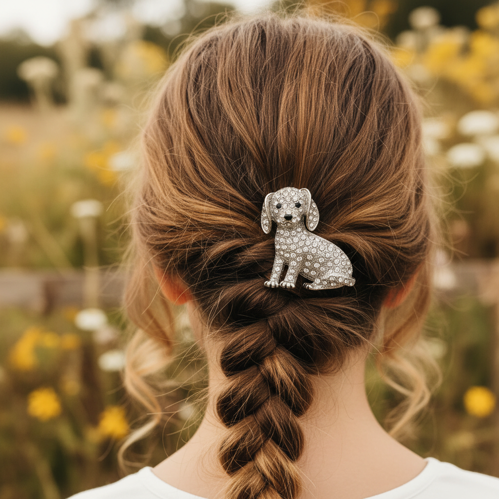Silver dog-shaped brooch with gemstones on a gray background