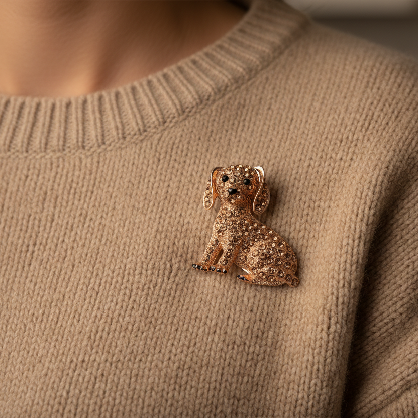 Gold dog-shaped brooch with gemstones pinned on a sweater