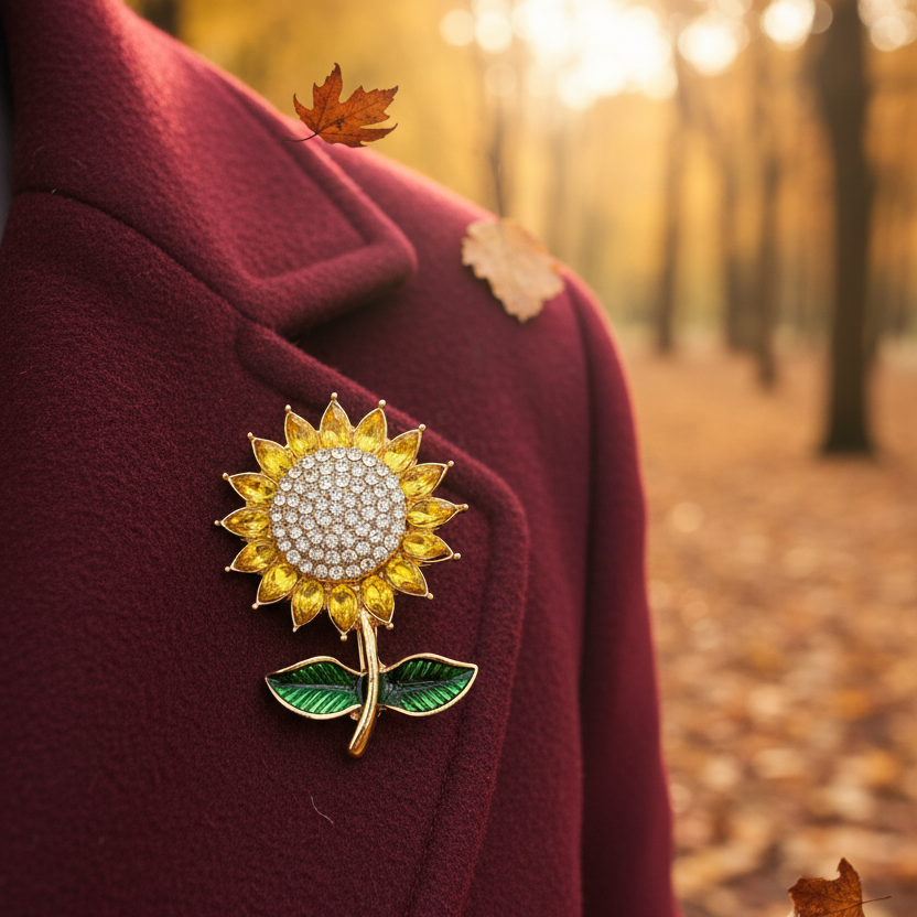 Sunflower-shaped brooch with yellow petals, green leaves, and a gold stem on a red coat