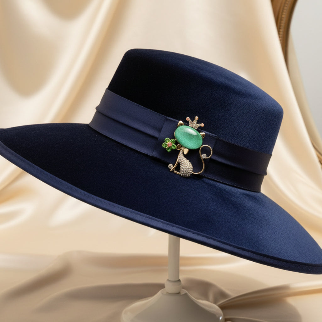 Cat-shaped brooch with green gemstone and crown pinned on a blue fancy hat