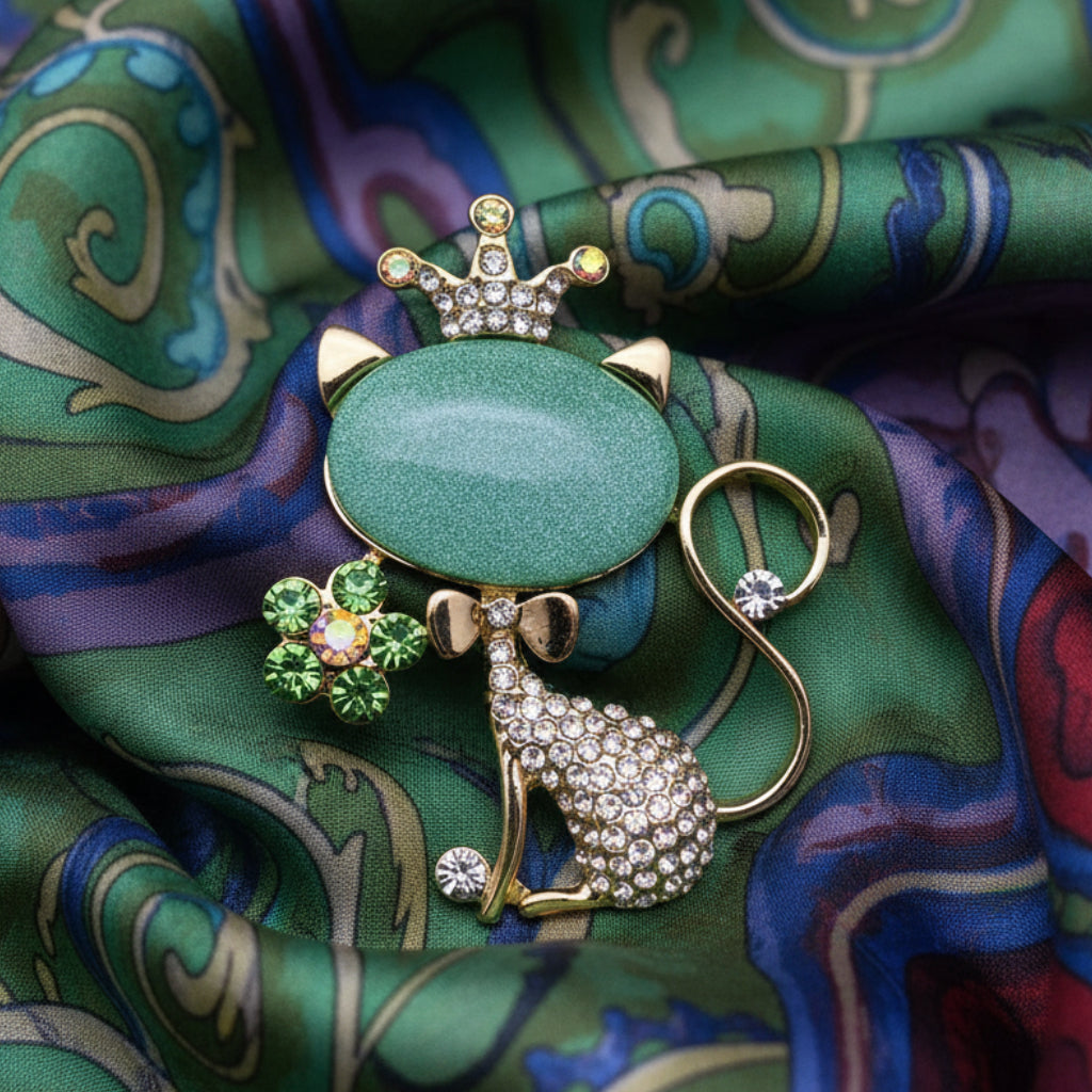 Cat-shaped brooch with green gemstone and crown pinned on a satin scarf