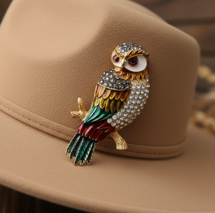 Decorative owl brooch pinned on a beige hat