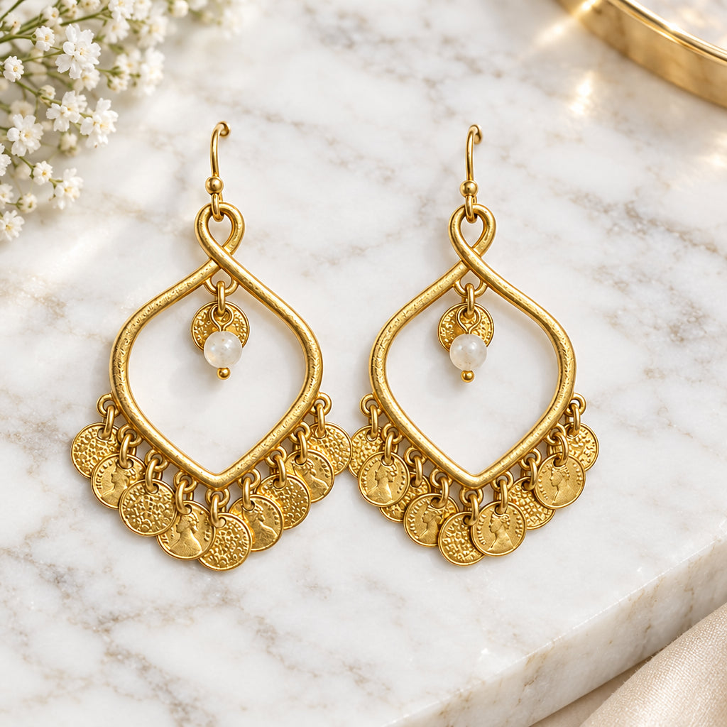 A pair of gold-tone dangle earrings displayed on a white marbled background. Each earring has an open teardrop-shaped frame with a small pearl-like bead and a row of dangling coin charms.