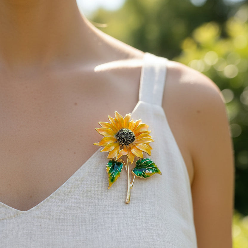 Sunflower brooch with green leaves pinned on a white dress