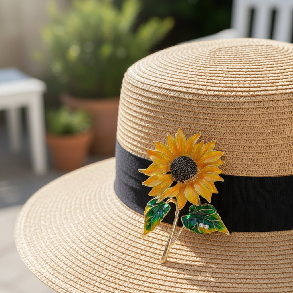 Sunflower-shaped brooch with green leaves on a gray background