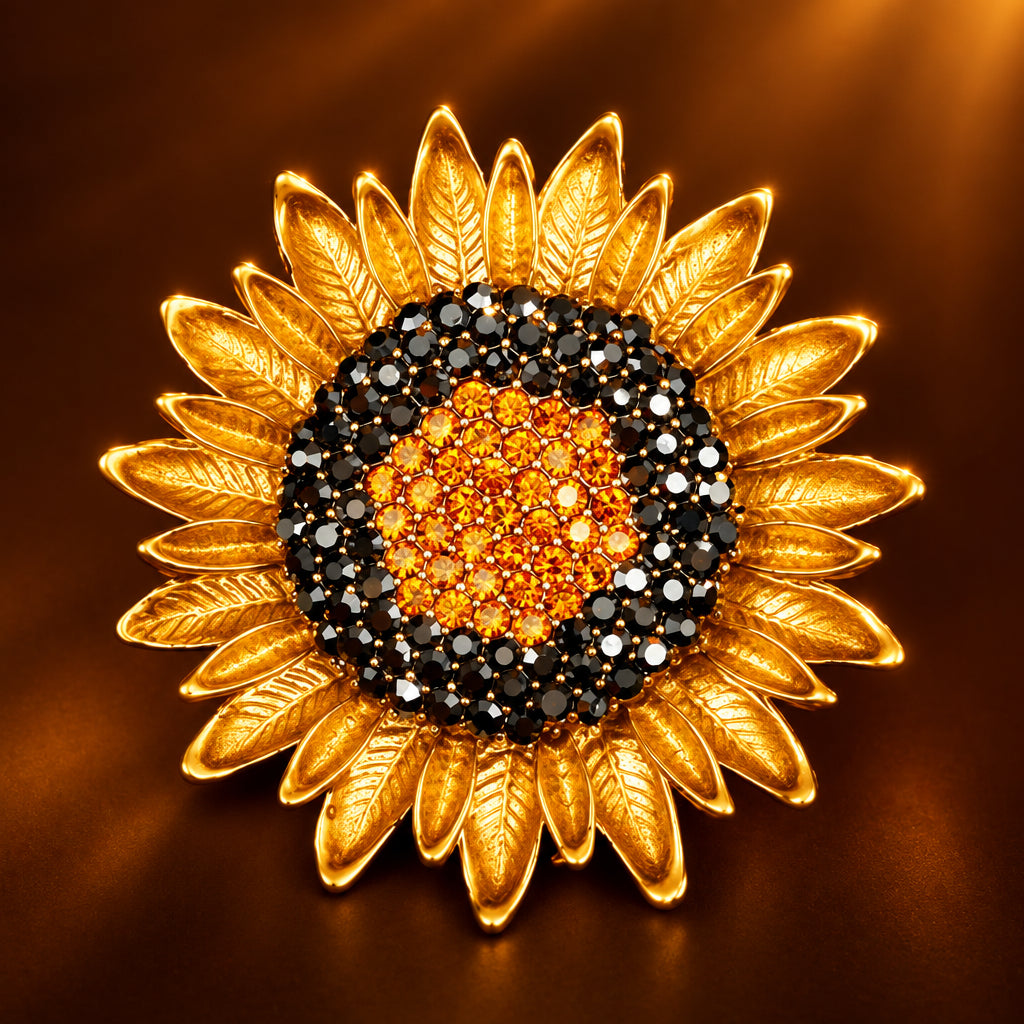 Sunflower-shaped brooch with gold petals and rhinestone center on a orange background