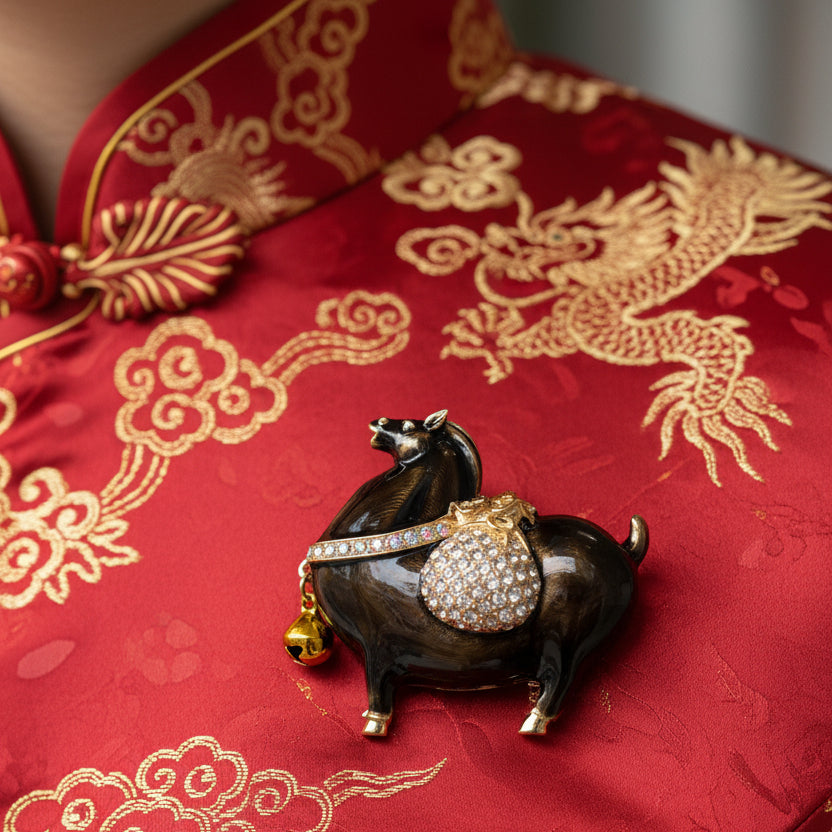 Brown Tang Dynasty-style horse brooch with a gold bell and rhinestone pouch pinned on a Oriental dress