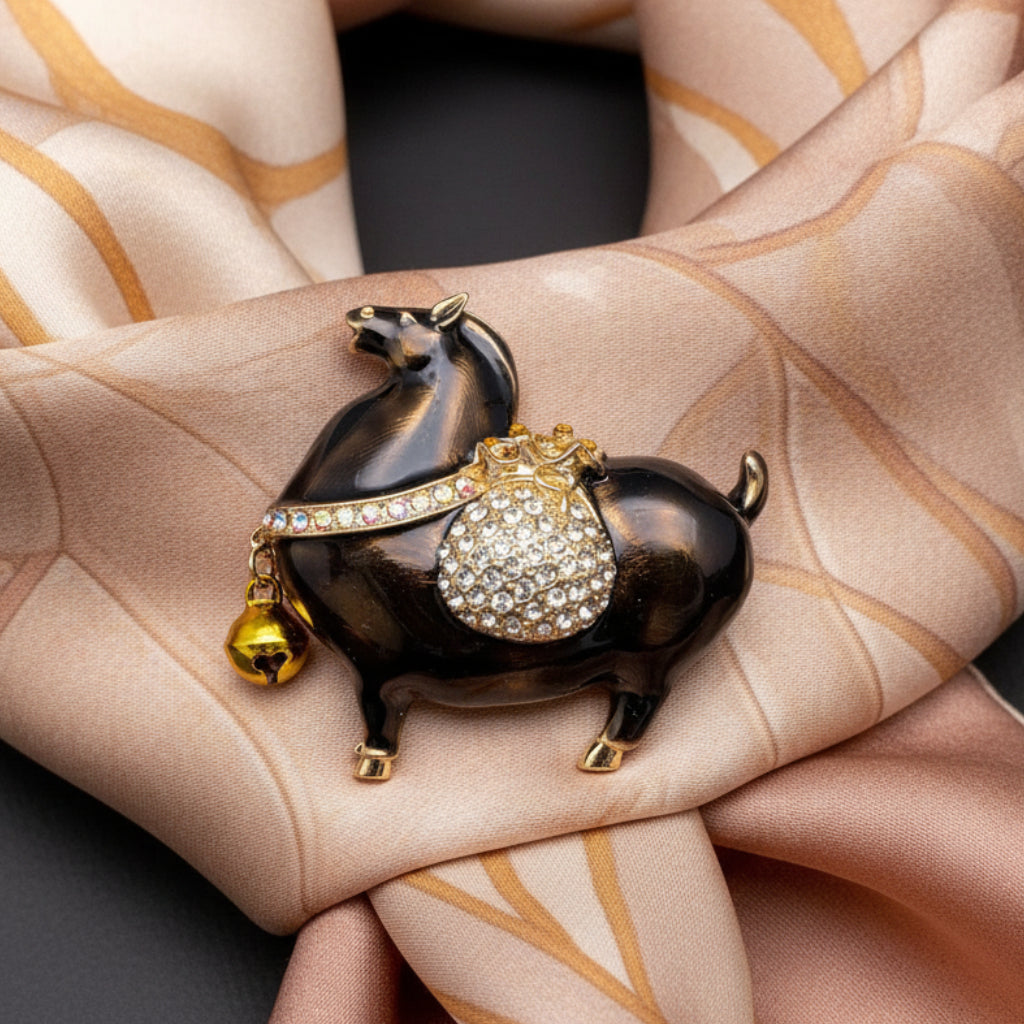 Brown Tang Dynasty-style horse brooch with a gold bell and rhinestone pouch pinned on a beige scarf