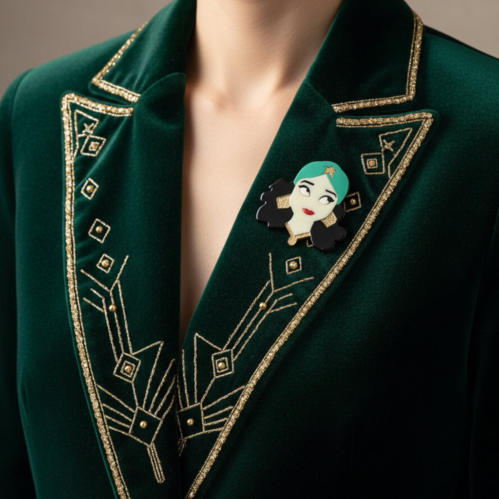 Gypsy girl acrylic brooch pinned on a green art deco outfit