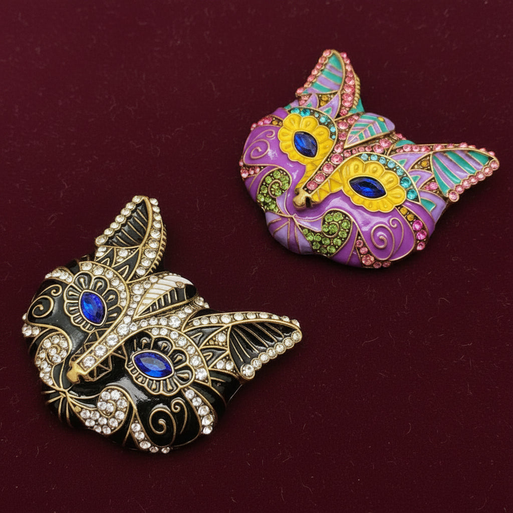 Two decorative cat mask brooches, one colorful and one black and gold, on a red background