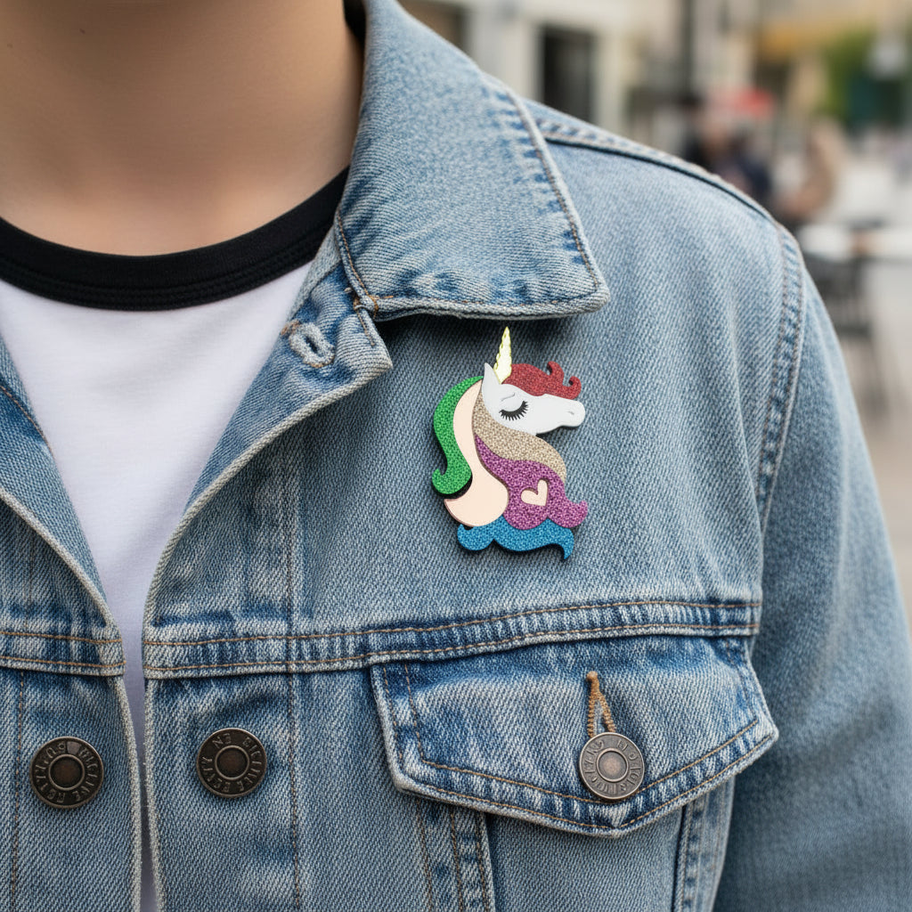 Glittery unicorn pin with multicolored mane and tail, pinned on a denim jacket
