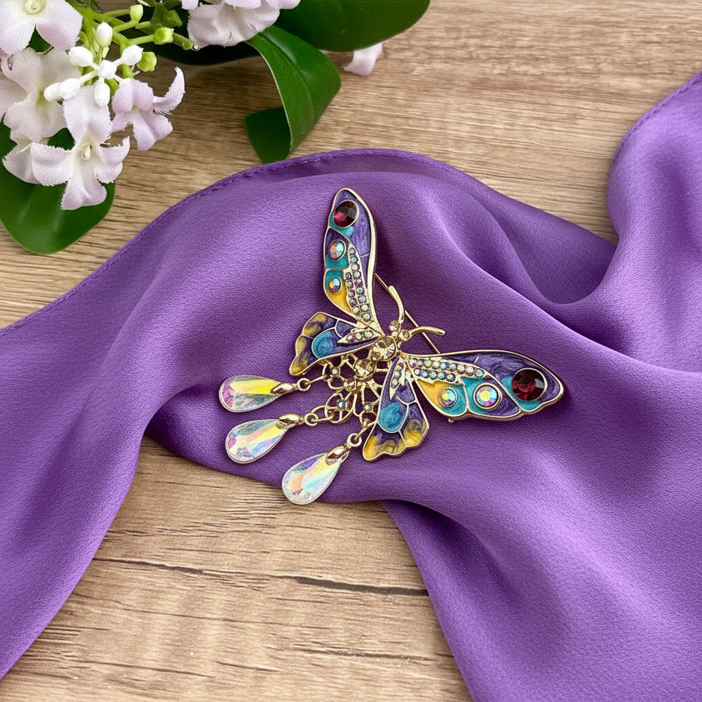 Colorful butterfly-shaped brooch with gemstones, on a purple satin scarf with flowers in the background