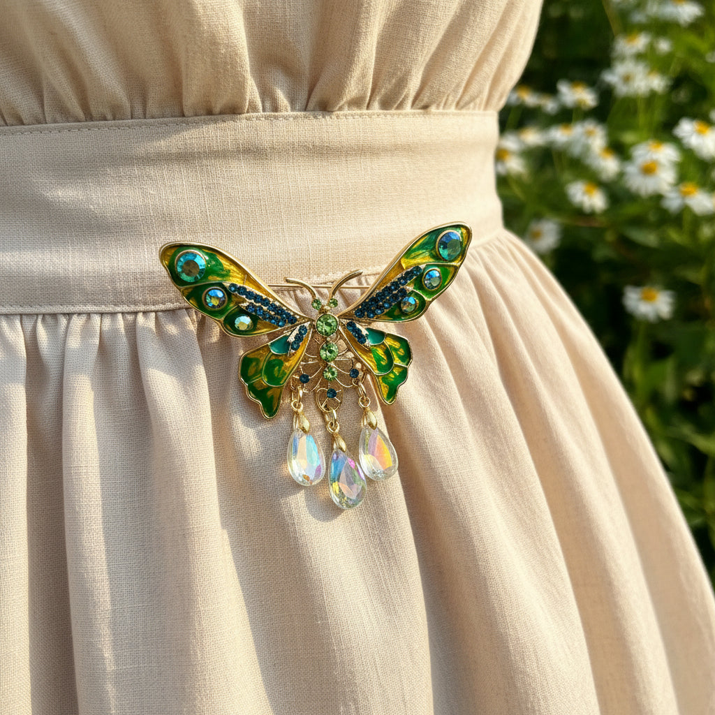 Colorful butterfly-shaped brooch with gemstones, pinned on a cream color dress