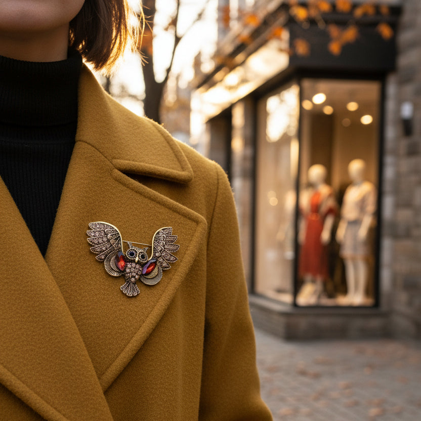 Vintage-inspired owl brooch pin with open wings, bronze detailing, and amber glass accents