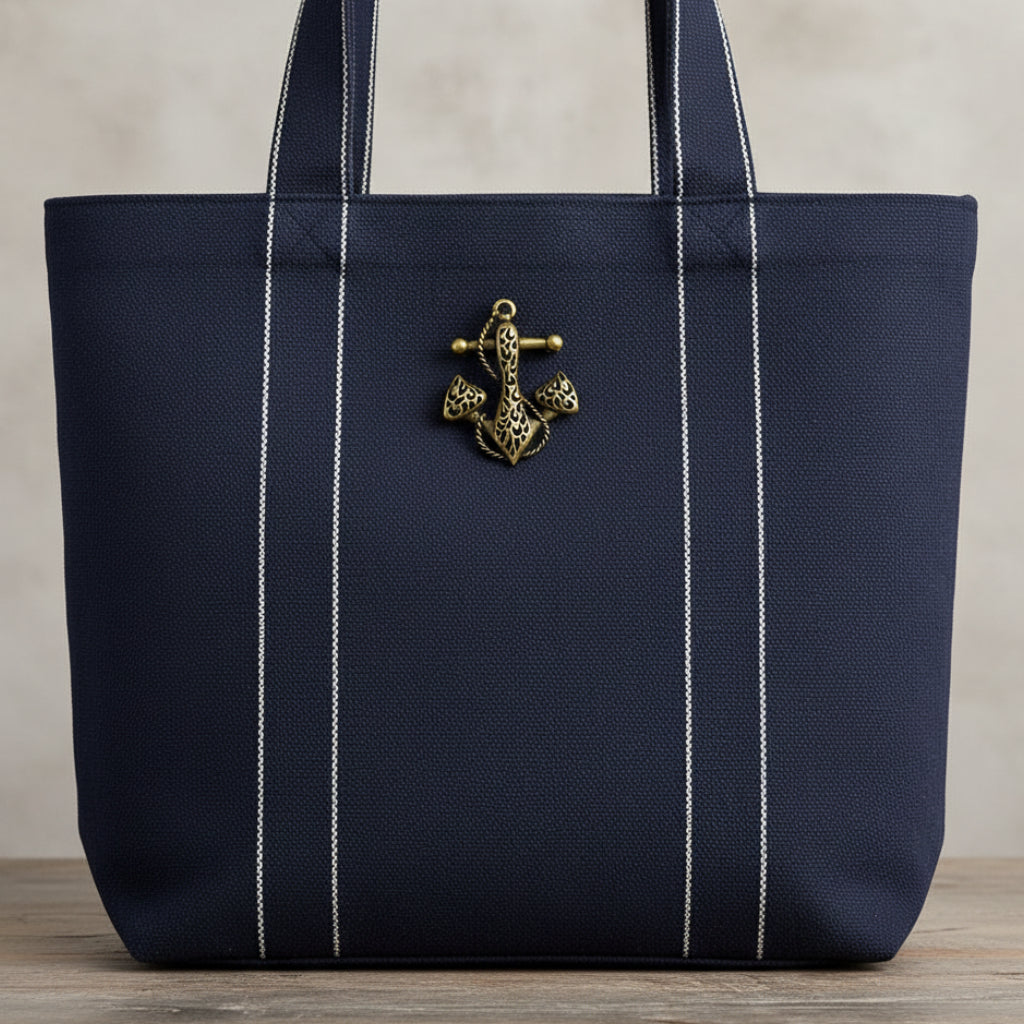 Bronze anchor-shaped brooch pinned on a navy blue tote bag