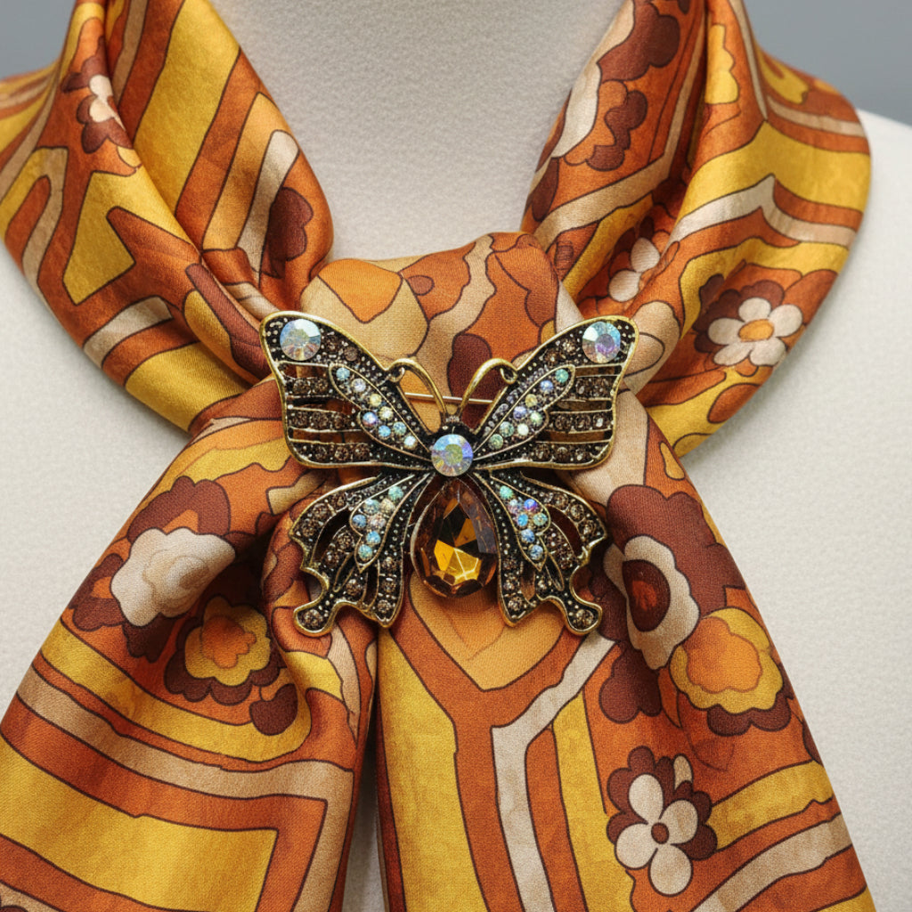 Butterfly-shaped brooch with gemstones, pinned on a paisley scarf