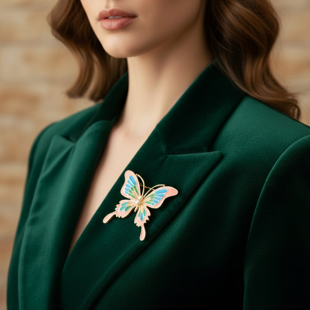 Butterfly-shaped brooch with pink, blue, and green wings on a green suite