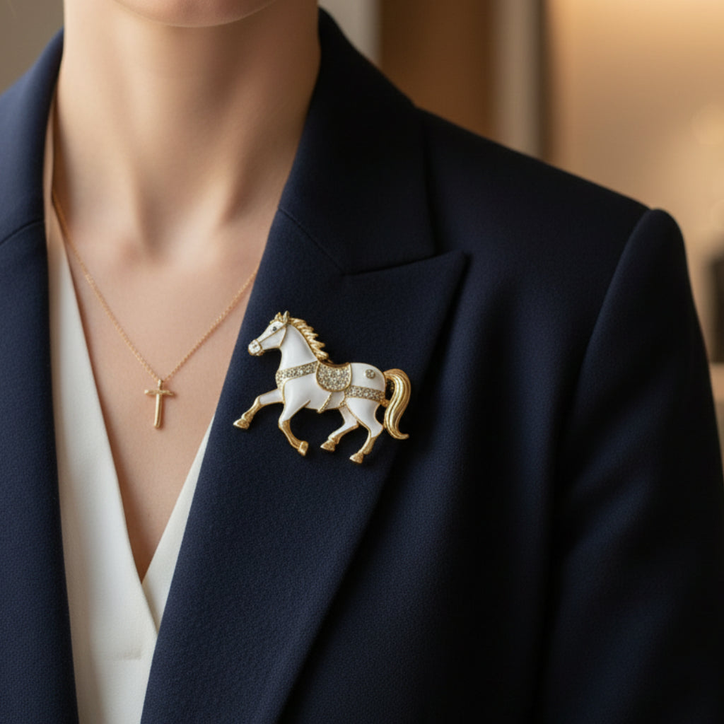 Decorative horse brooch with gold and white details, pinned on a blue suite