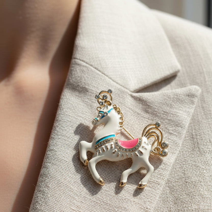 Decorative horse brooch with gold, pink, and blue details pinned on a linen suite
